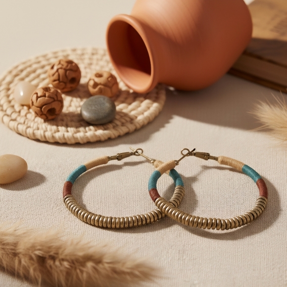 Handmade Colorblock Golden Beaded Hoops Indian Artisan Boho Chic Trendy Style - Picture 6 of 13